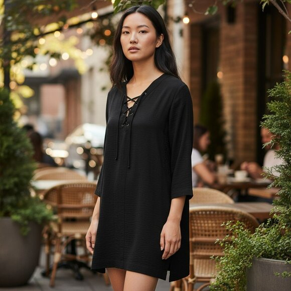 IRO Alessi Lace-Up Mini Dress FR36 | 100% Poly | Black | Relaxed Shift - Picture 1 of 9